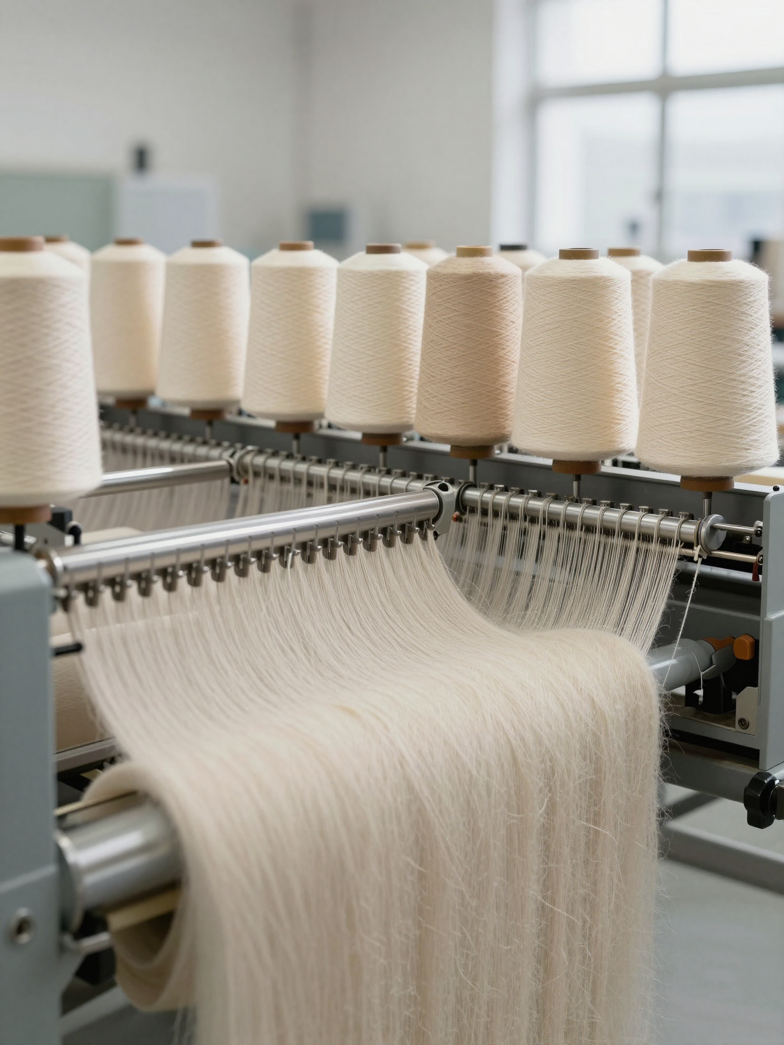 Circular knitting machine running ecru cotton yarn in the Lanora mill
