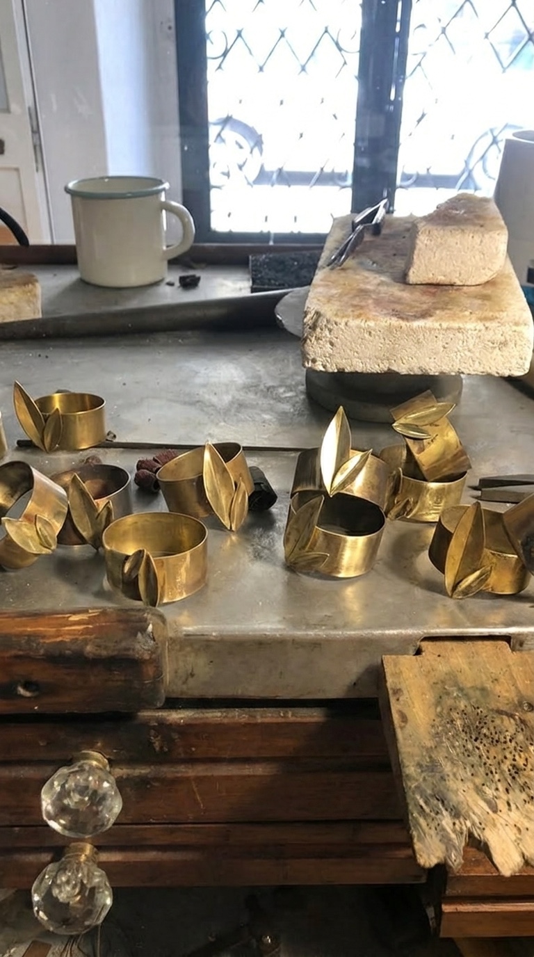 Argolas de guardanapo em latão com folhas trabalhadas à mão, sobre a bancada do atelier
